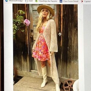 Three birds nest, long oatmeal, crochet cardigan, small bell sleeve